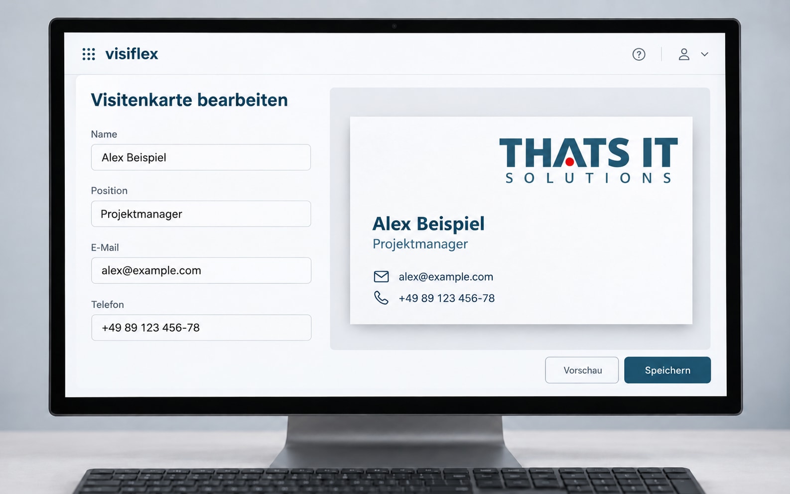 Illustrative Beispielansicht: Visitenkarte mit Formularfeldern und Live-Vorschau bearbeiten